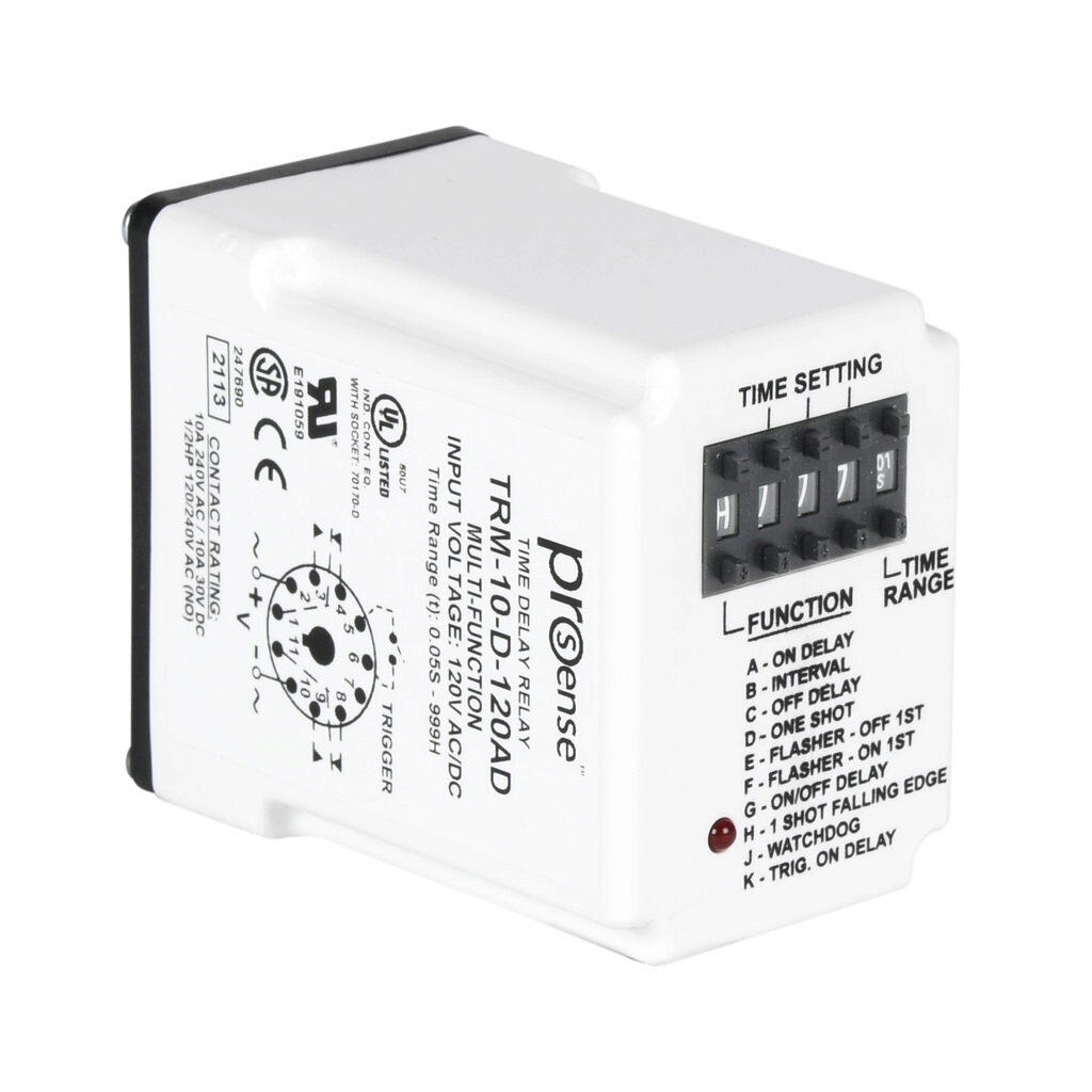 TRM-10-D-120AD - ProSense multi-mode relay timer, 0.05 seconds to 999 hours selectable timing range, 120 VAC/VDC operating voltage, 10A contact rating, (1) DPDT timed relay output(s), socket mount, 11-pin. Requires Macromatic 70170-D relay socket.