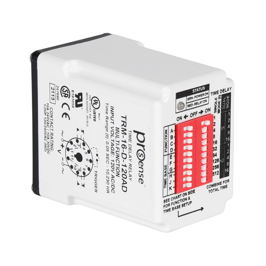TRM-16-D-120AD - ProSense multi-mode relay timer, 0.05 seconds to 10,230 hours selectable timing range, 120 VAC/VDC operating voltage, 10A contact rating, (1) DPDT timed relay output(s), socket mount, 11-pin. Requires Macromatic 70170-D relay socket.