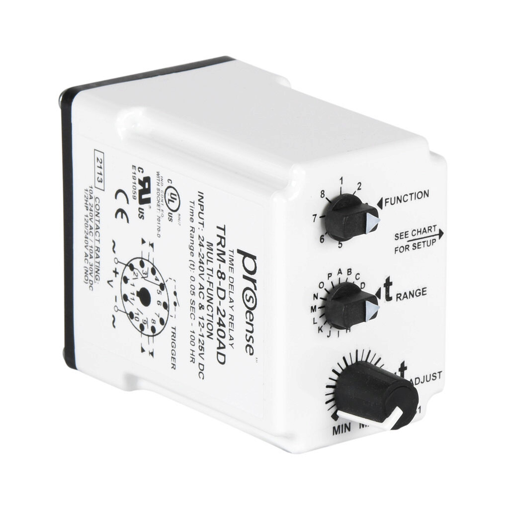 TRM-8-D-240AD - ProSense multi-mode relay timer, 0.05 seconds to 100 hours selectable timing range, 24-240 VAC and 12-125 VDC operating voltage, 10A contact rating, (1) DPDT timed relay output(s), socket mount, 11-pin. Requires Macromatic 70170-D ...