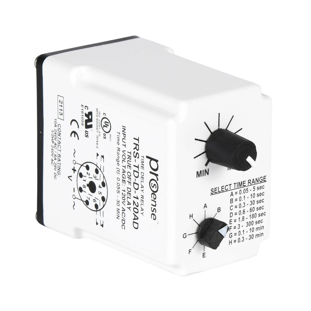 TRS-TD-D-120AD - ProSense off-delay relay timer, 0.05 seconds to 30 minutes selectable timing range, 120 VAC/VDC operating voltage, 10A contact rating, (1) DPDT timed relay output(s), socket mount, 8-pin. Requires Macromatic 70169-D relay socket.