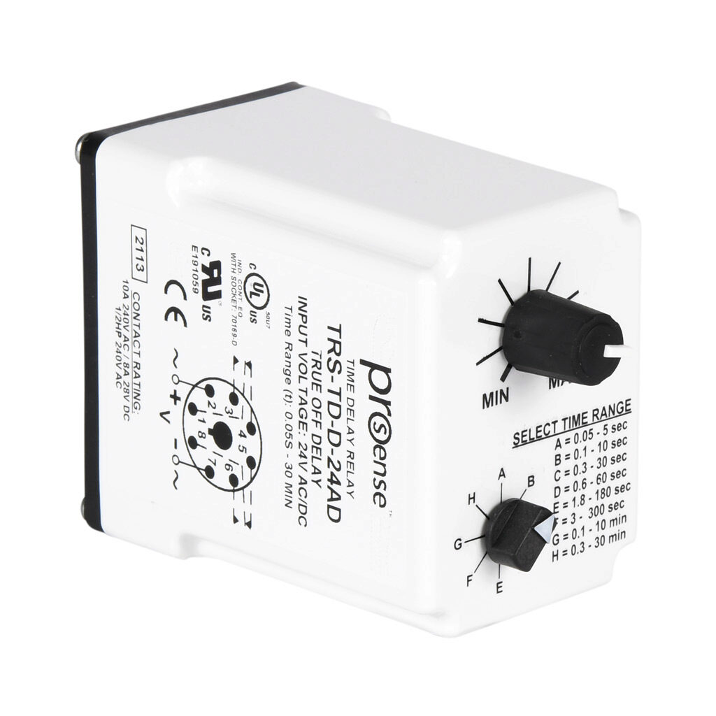 TRS-TD-D-24AD - ProSense off-delay relay timer, 0.05 seconds to 30 minutes selectable timing range, 24 VAC/VDC operating voltage, 10A contact rating, (1) DPDT timed relay output(s), socket mount, 8-pin. Requires Macromatic 70169-D relay socket.