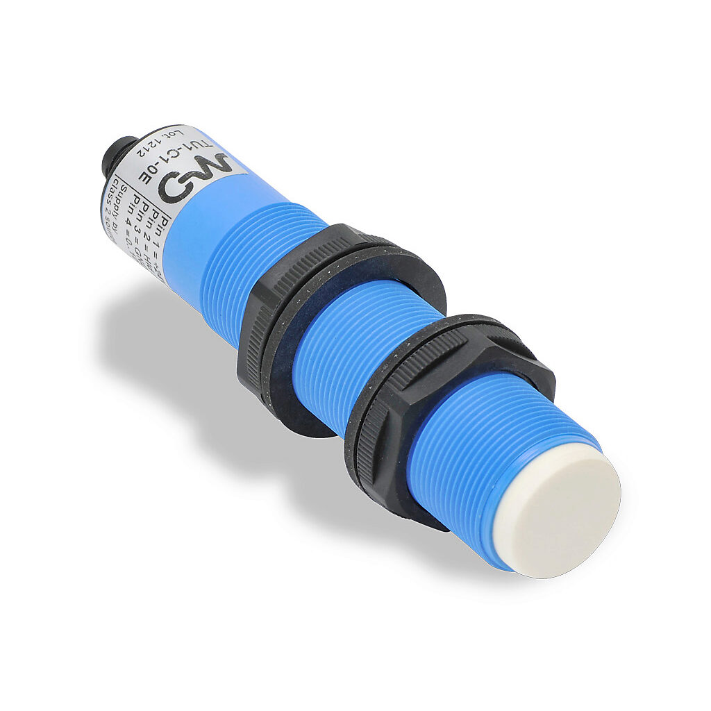 TU1-C1-0E - Micro Detectors ultrasonic proximity sensor, tubular, 30mm diameter x 124mm body, polybutylene terephthalate housing, diffuse, 0-10 VDC analog output, 300-2500mm sensing distance, IP67, 4-pin M12 quick-disconnect.