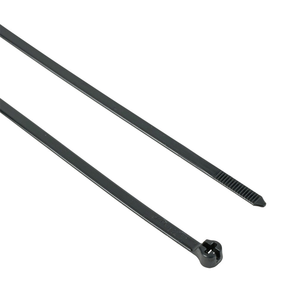 TY28MX - ABB - Thomas & Betts Ty-Rap series steel tooth cable tie, UV resistant, nylon 6.6, 14.2in length, 0.19in width, 50lb tensile strength, 4in maximum bundle diameter, black. Package of 1000.