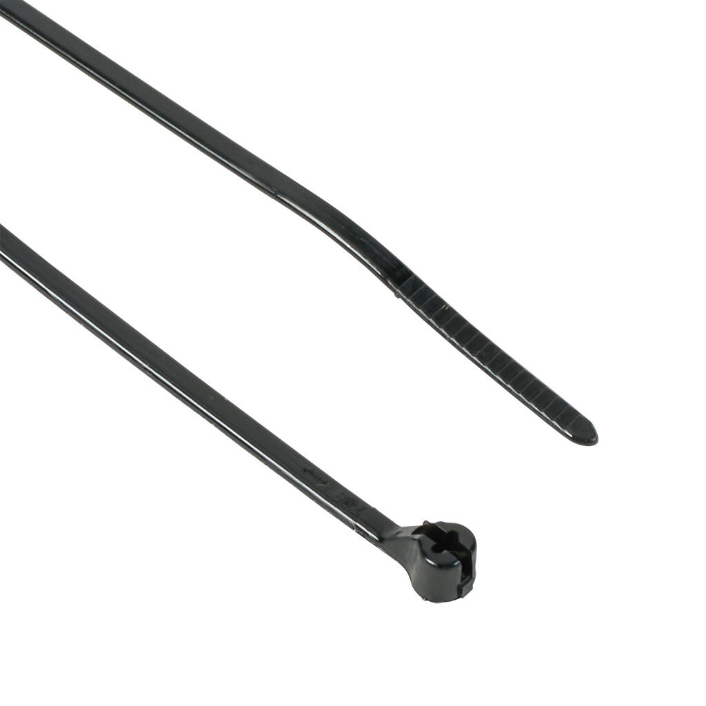 TY523MX - ABB - Thomas & Betts Ty-Rap series steel tooth cable tie, UV resistant, nylon 6.6, 3.6in length, 0.09in width, 18lb tensile strength, 0.6in maximum bundle diameter, black. Package of 100.