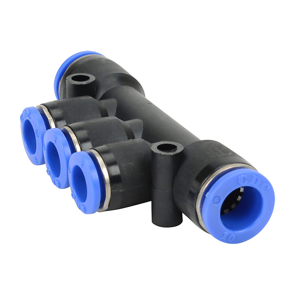 U3B10M-8M - NITRA pneumatic push-to-connect fitting, union triple branch, thermoplastic (PBT) body, (2) 10mm push-to-connect to (3) 5/16in (8mm) push-to-connect. Package of 5.
