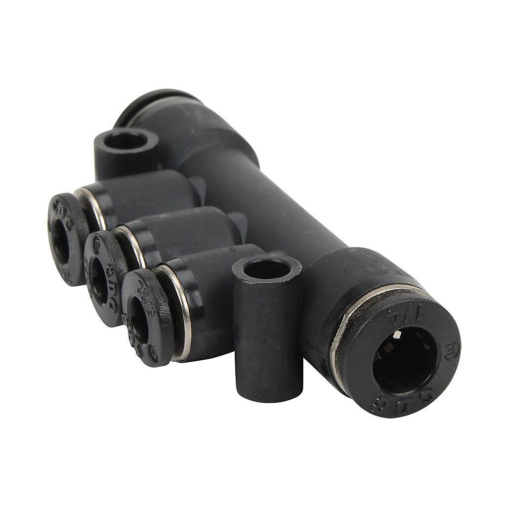 U3B14-532 - NITRA pneumatic push-to-connect fitting, union triple branch, thermoplastic (PBT) body, (2) 1/4in push-to-connect to (3) 5/32in (4mm) push-to-connect. Package of 5.