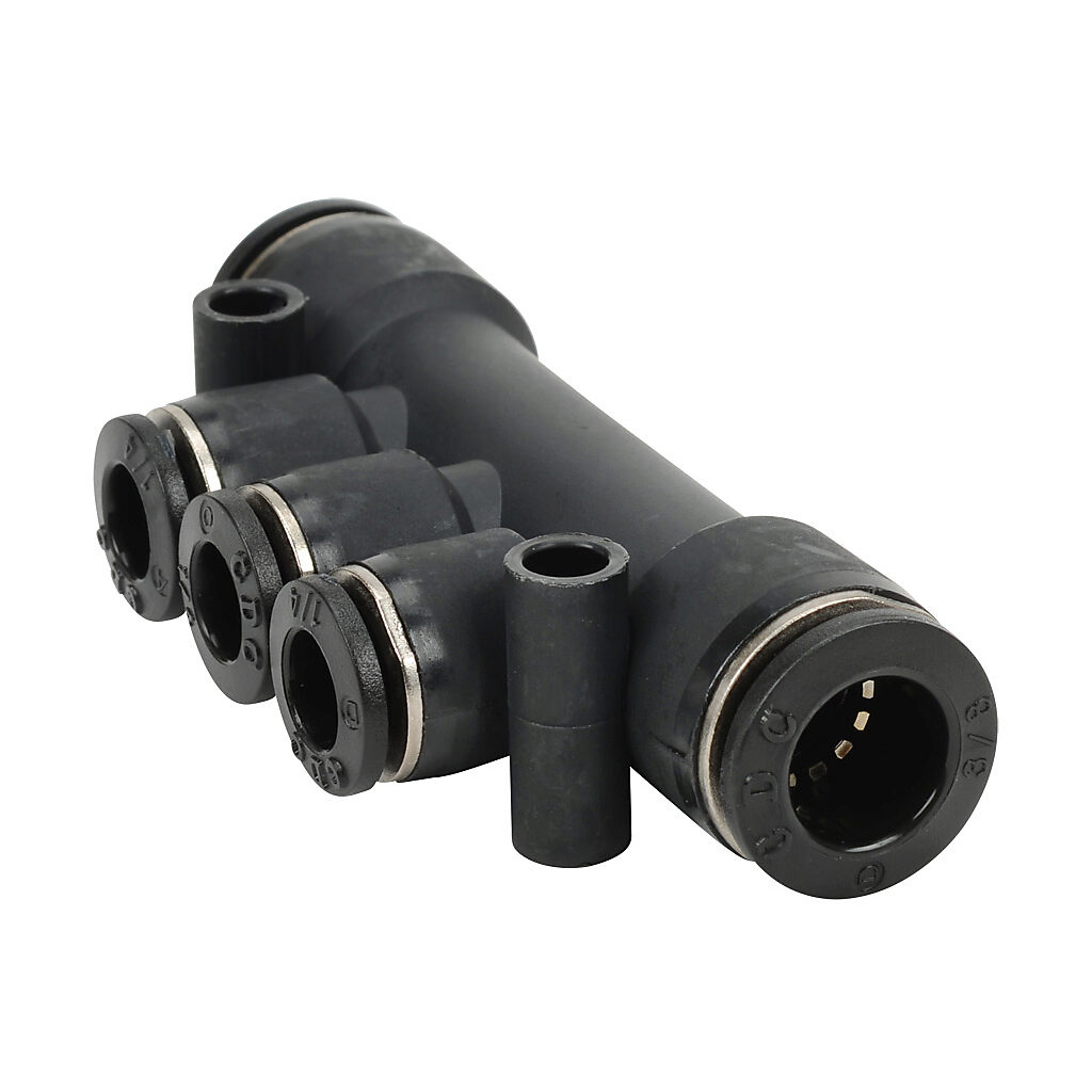 U3B38-14 - NITRA pneumatic push-to-connect fitting, union triple branch, thermoplastic (PBT) body, (2) 3/8in push-to-connect to (3) 1/4in push-to-connect. Package of 5.