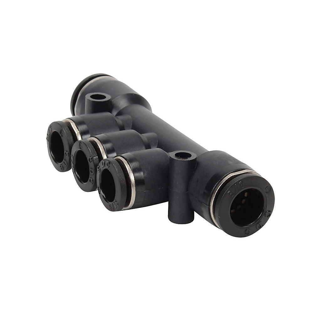 U3B38-516 - NITRA pneumatic push-to-connect fitting, union triple branch, thermoplastic (PBT) body, (2) 3/8in push-to-connect to (3) 5/16in (8mm) push-to-connect. Package of 5.