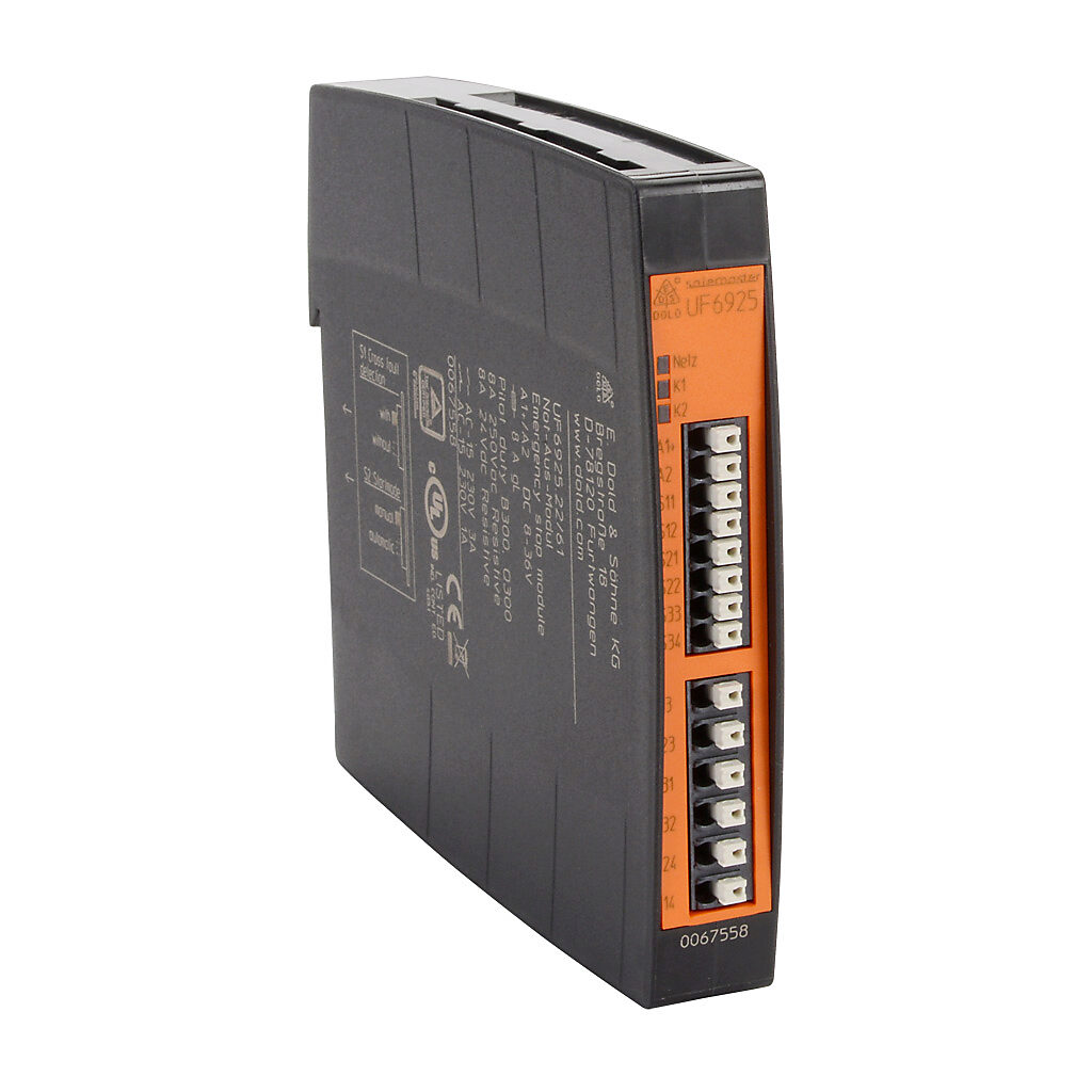 UF6925-22-DC8-36 - Dold safety relay, emergency stop and safety gates, 2-channel, 8-36 VDC, (2) N.O. safety output(s), (1) N.C. monitoring output(s), Fixed spring clamp terminals.