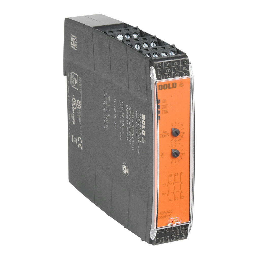 UG6946-02PS-001-04 - Dold safety relay, motor standstill monitoring with muting, 20-400 mV, 2-channel, 24 VDC, (2) N.O. and (1) N.C. safety output(s), pluggable screw terminals.