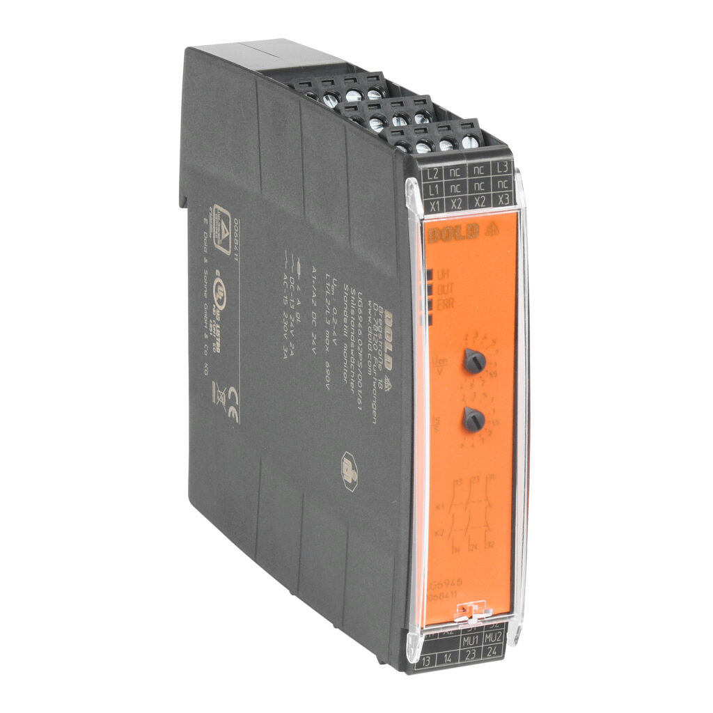 UG6946-02PS-001-40 - Dold safety relay, motor standstill monitoring with muting, 0.2-4V, 2-channel, 24 VDC, (2) N.O. and (1) N.C. safety output(s), pluggable screw terminals.