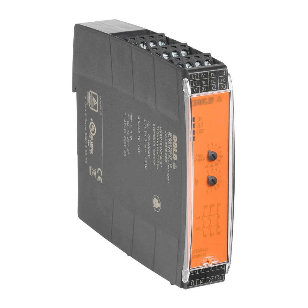 UG6946-02PS-04 - Dold safety relay, motor standstill monitoring, 20-400 mV, 2-channel, 24 VDC, (2) N.O. and (1) N.C. safety output(s), pluggable screw terminals.