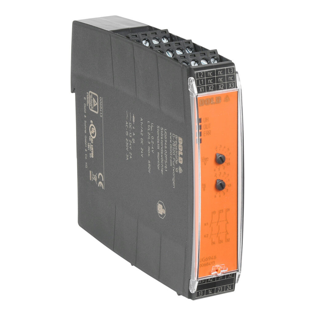 UG6946-02PS-40 - Dold safety relay, motor standstill monitoring, 0.2-4V, 2-channel, 24 VDC, (2) N.O. and (1) N.C. safety output(s), pluggable screw terminals.