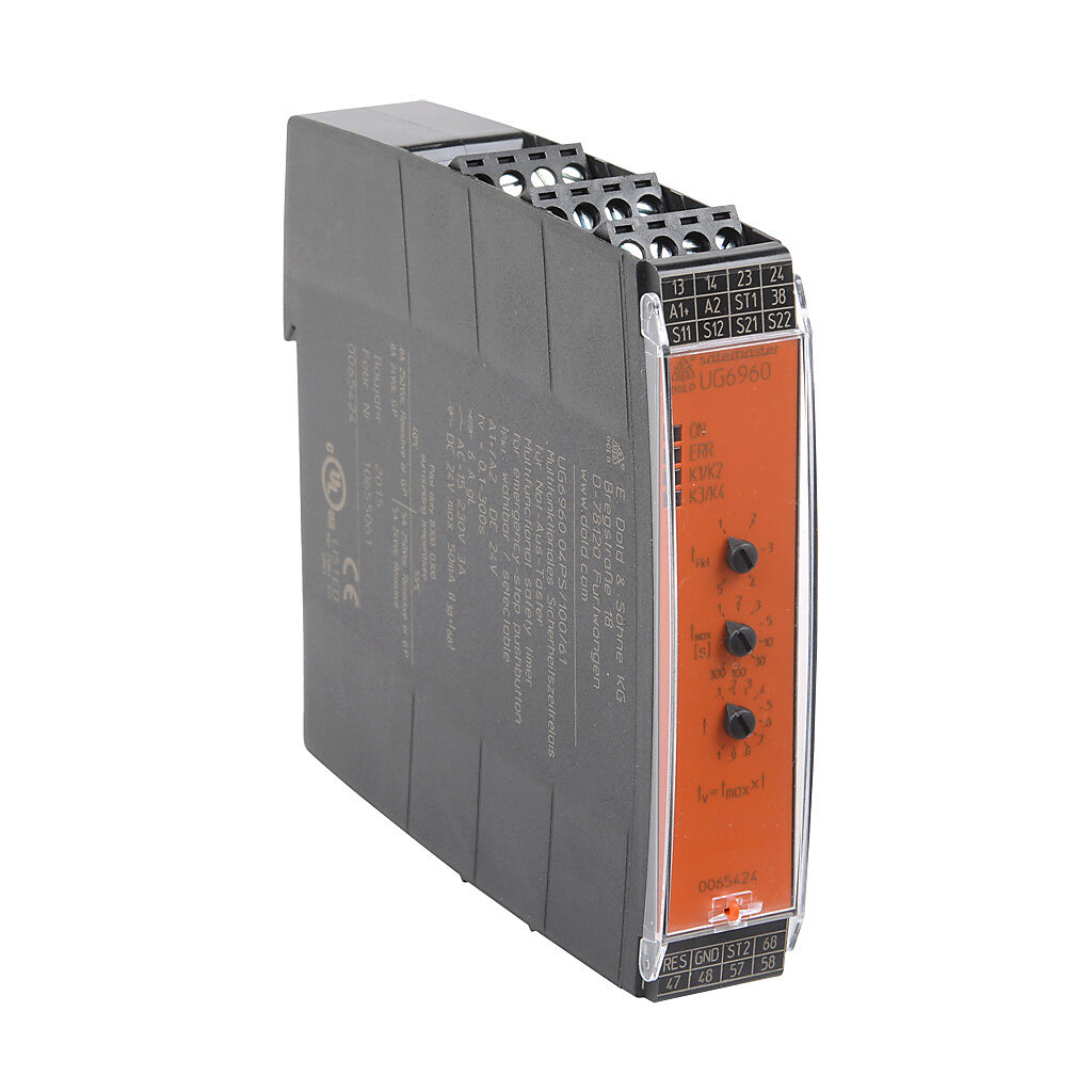 UG6960-04PS100-300 - Dold safety relay, emergency stop, multi delay functions, 0.1 to 300 seconds, 2-channel, 24 VDC, (2) N.O. and (2) N.O. time delay safety output(s), (1) N.O. and (1) N.O. time delay monitoring output(s), pluggable screw terminals.