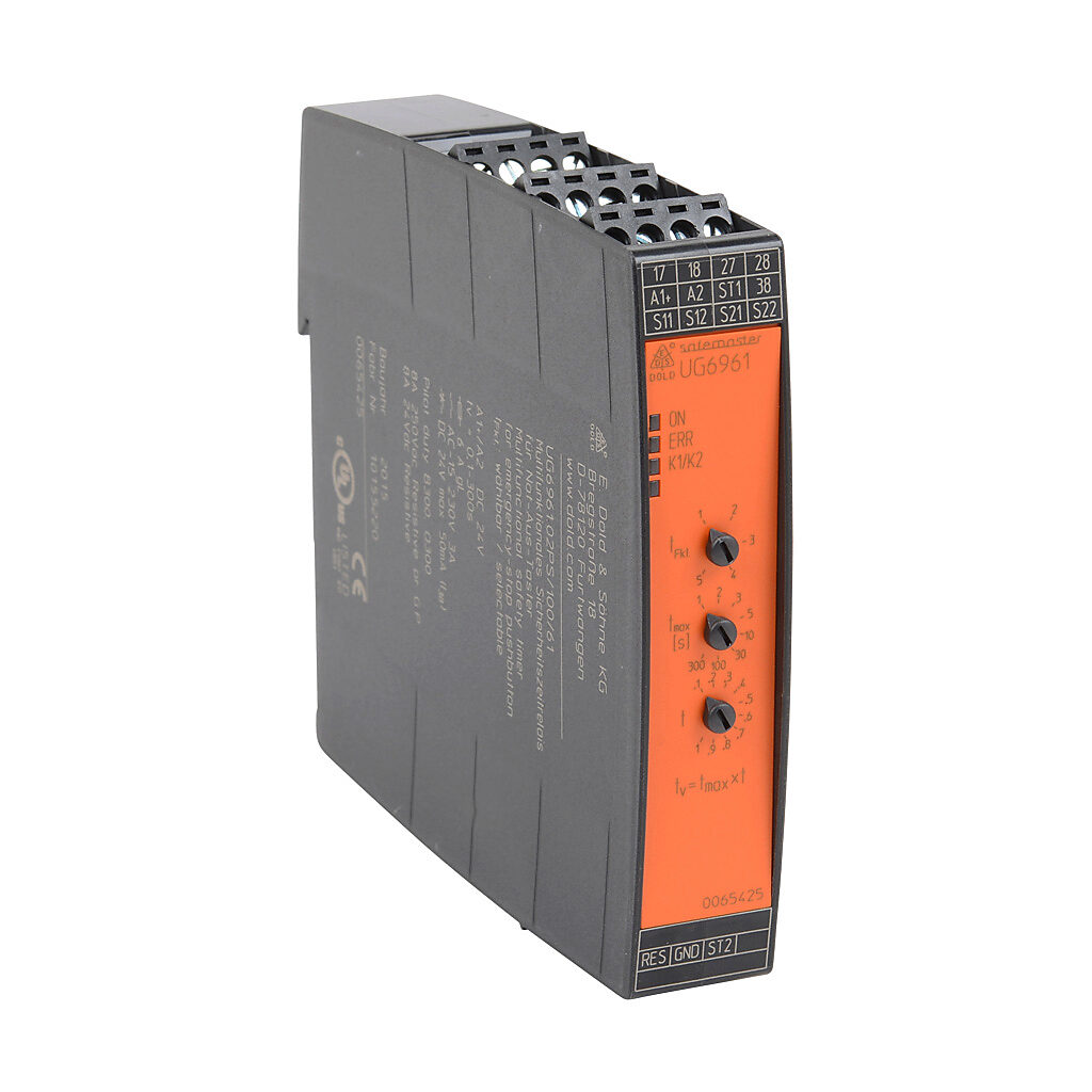 UG6961-02PS100-300 - Dold safety relay, emergency stop, multi delay functions, 0.1 to 300 seconds, 2-channel, 24 VDC, (2) N.O. time delay safety output(s), (1) N.O. time delay monitoring output(s), pluggable screw terminals.