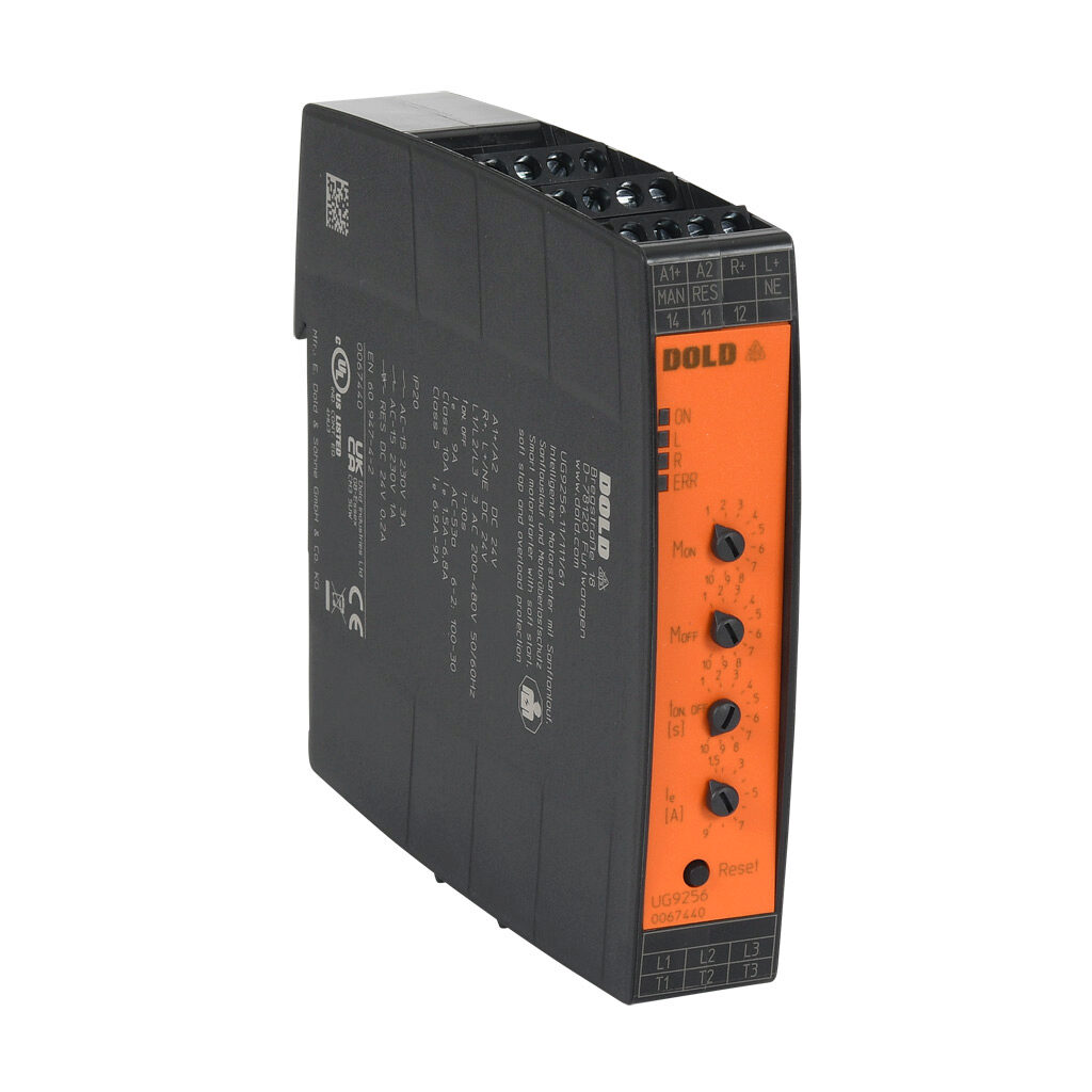 UG9256-11-111-61 - Dold MINISTART 9256 series smart compact motor starter, 9A, 200-480 VAC at 3-phase, Class 5/10A, rated for 30 start/hour, internally bypassed, 22mm frame. With soft start and soft stop function.