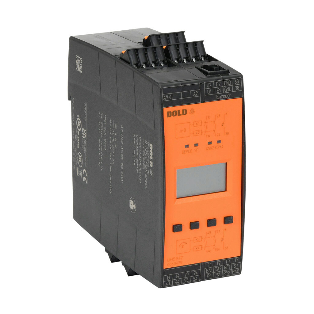 UH5947-04-001PC110 - Dold safety relay, motor standstill, speed and safety gate monitoring, multi delay functions, (2) NAMUR sensor inputs and/or (1) encoder, 2-channel, 110-240 VAC/VDC, (4) N.O. safety output(s), (2) status monitoring output(s), ...