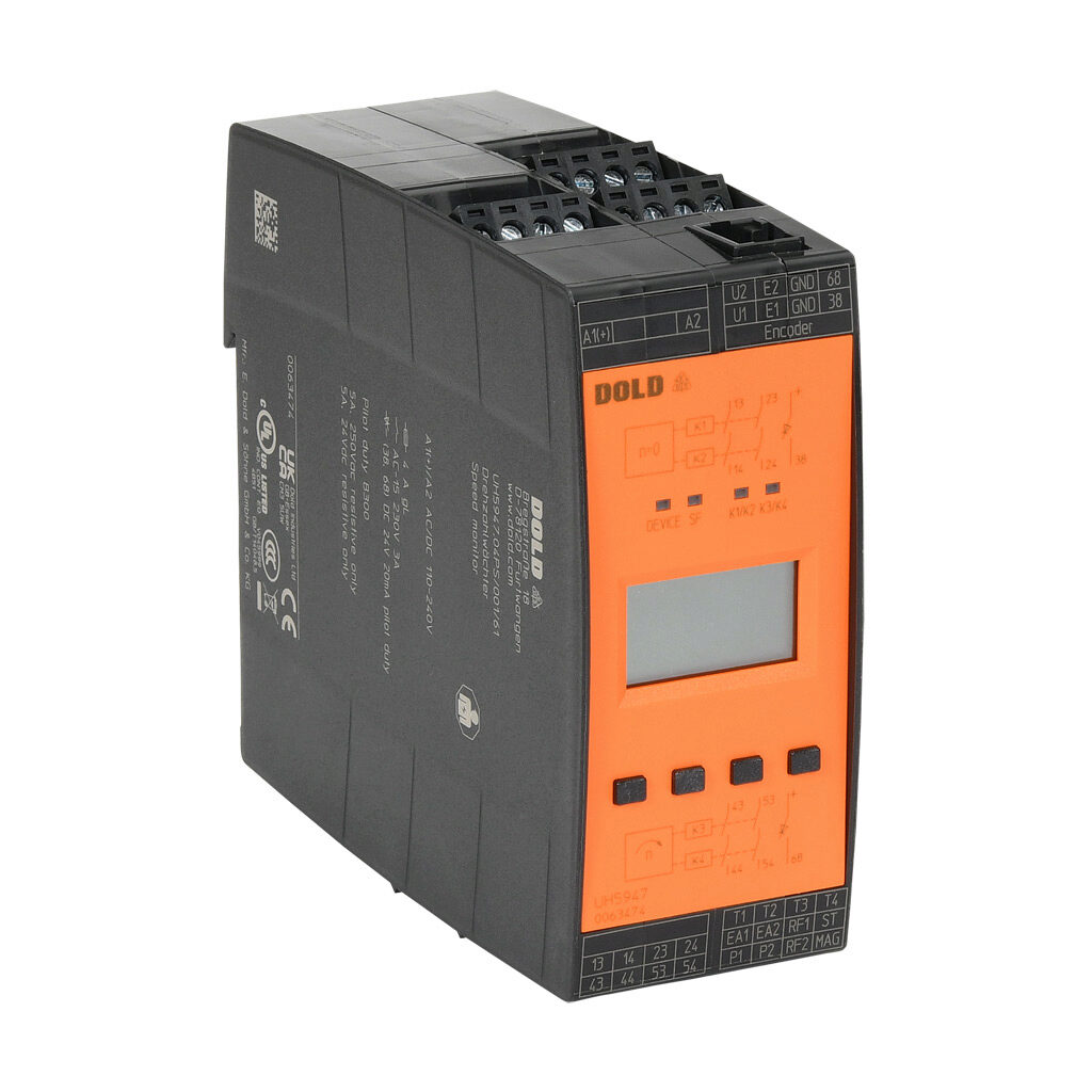 UH5947-04-001PS110 - Dold safety relay, motor standstill, speed and safety gate monitoring, multi delay functions, (2) NAMUR sensor inputs and/or (1) encoder, 2-channel, 110-240 VAC/VDC, (4) N.O. safety output(s), (2) status monitoring output(s), ...