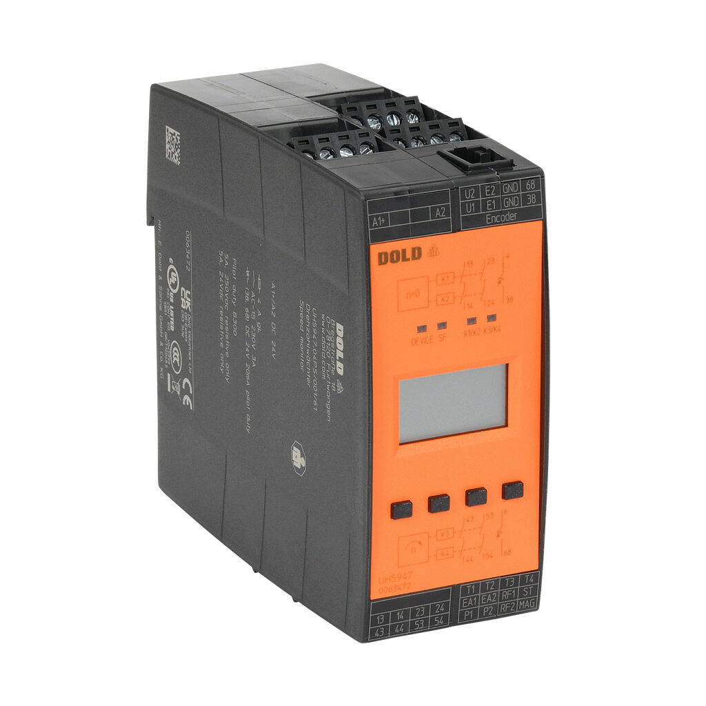UH5947-04-001PS24 - Dold safety relay, motor standstill, speed and safety gate monitoring, multi delay functions, (2) NAMUR sensor inputs and/or (1) encoder, 2-channel, 24 VDC, (4) N.O. safety output(s), (2) status monitoring output(s), pluggable ...