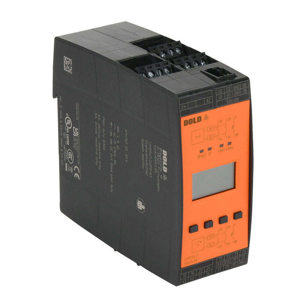 UH5947-04PS24 - Dold safety relay, motor standstill, speed and safety gate monitoring, multi delay functions, (2) PNP or NPN sensor inputs and/or (1) encoder, 2-channel, 24 VDC, (4) N.O. safety output(s), (2) status monitoring output(s), pluggable...