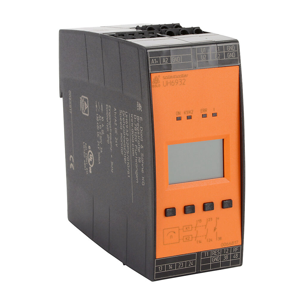 UH6932-02PS-010-24 - Dold safety relay, speed monitoring, multi delay functions, (2) PNP sensor inputs, 2-channel, 24 VDC, (2) N.O. safety output(s), (2) N.O. monitoring output(s), pluggable screw terminals.