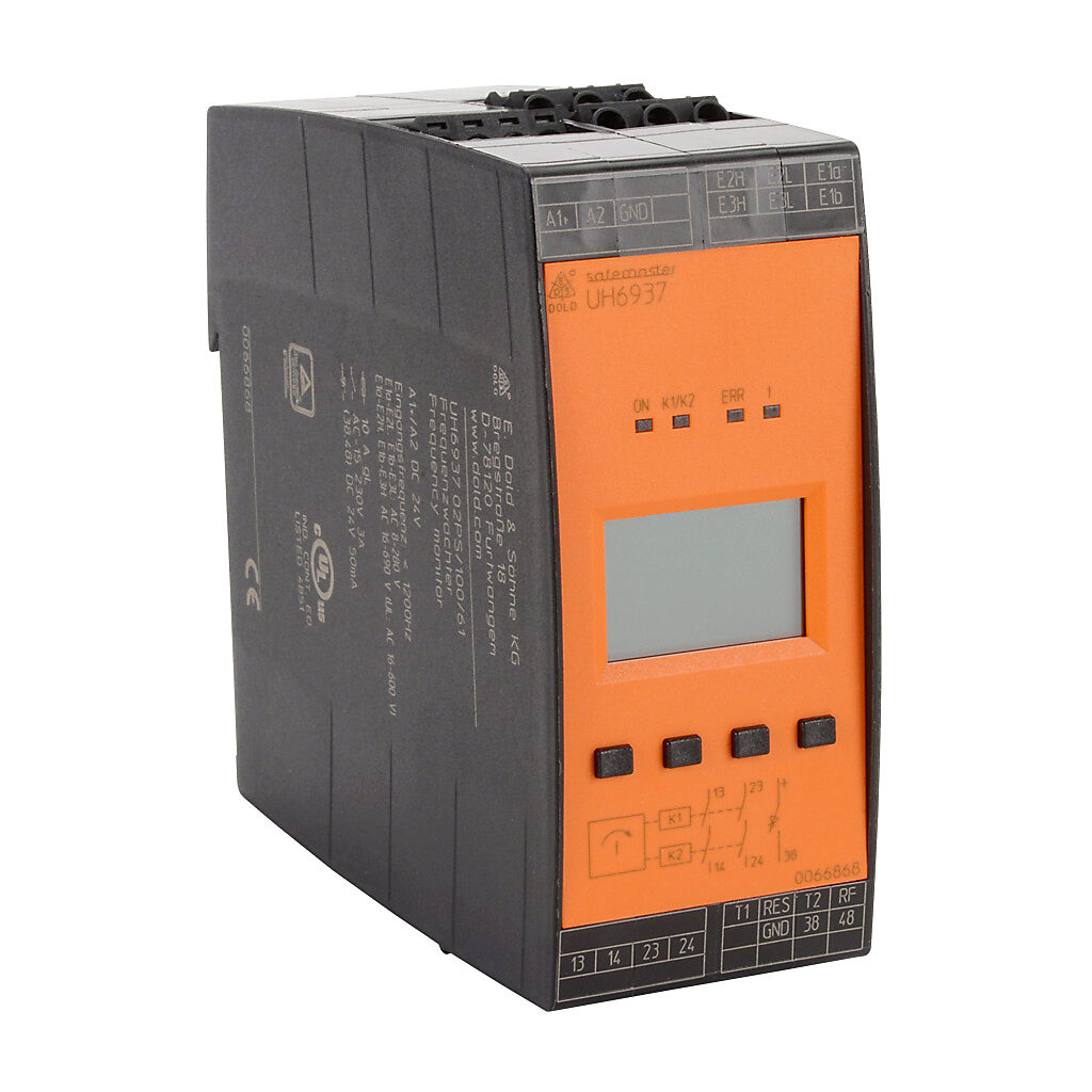 UH6937-02PS-100-24 - Dold safety relay, frequency monitoring, multi delay functions, 1 to 1000Hz, 2-channel, 24 VDC, (2) N.O. safety output(s), (2) N.O. monitoring output(s), pluggable screw terminals.