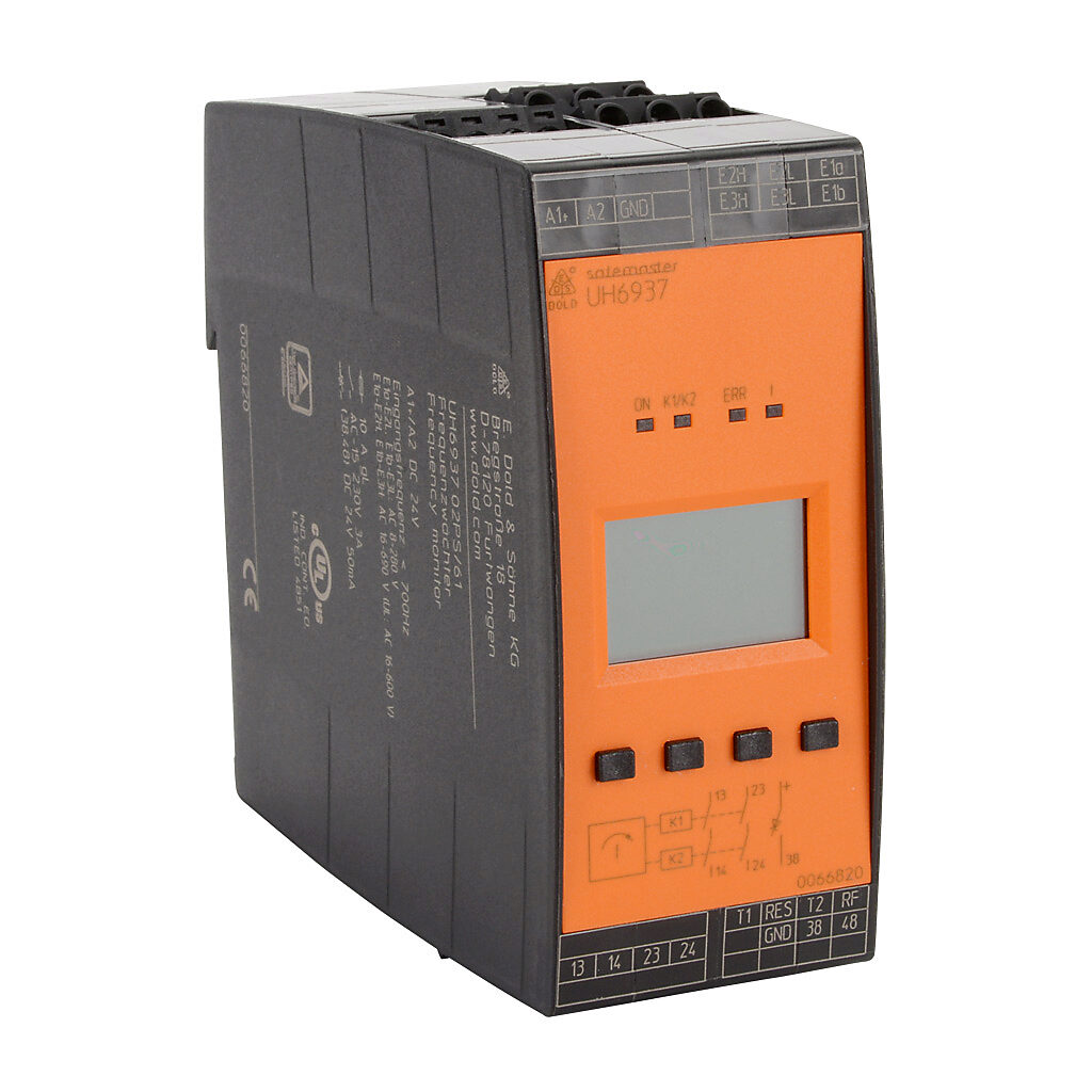 UH6937-02PS-24 - Dold safety relay, frequency monitoring, multi delay functions, 1 to 600Hz, 2-channel, 24 VDC, (2) N.O. safety output(s), (2) N.O. monitoring output(s), pluggable screw terminals.