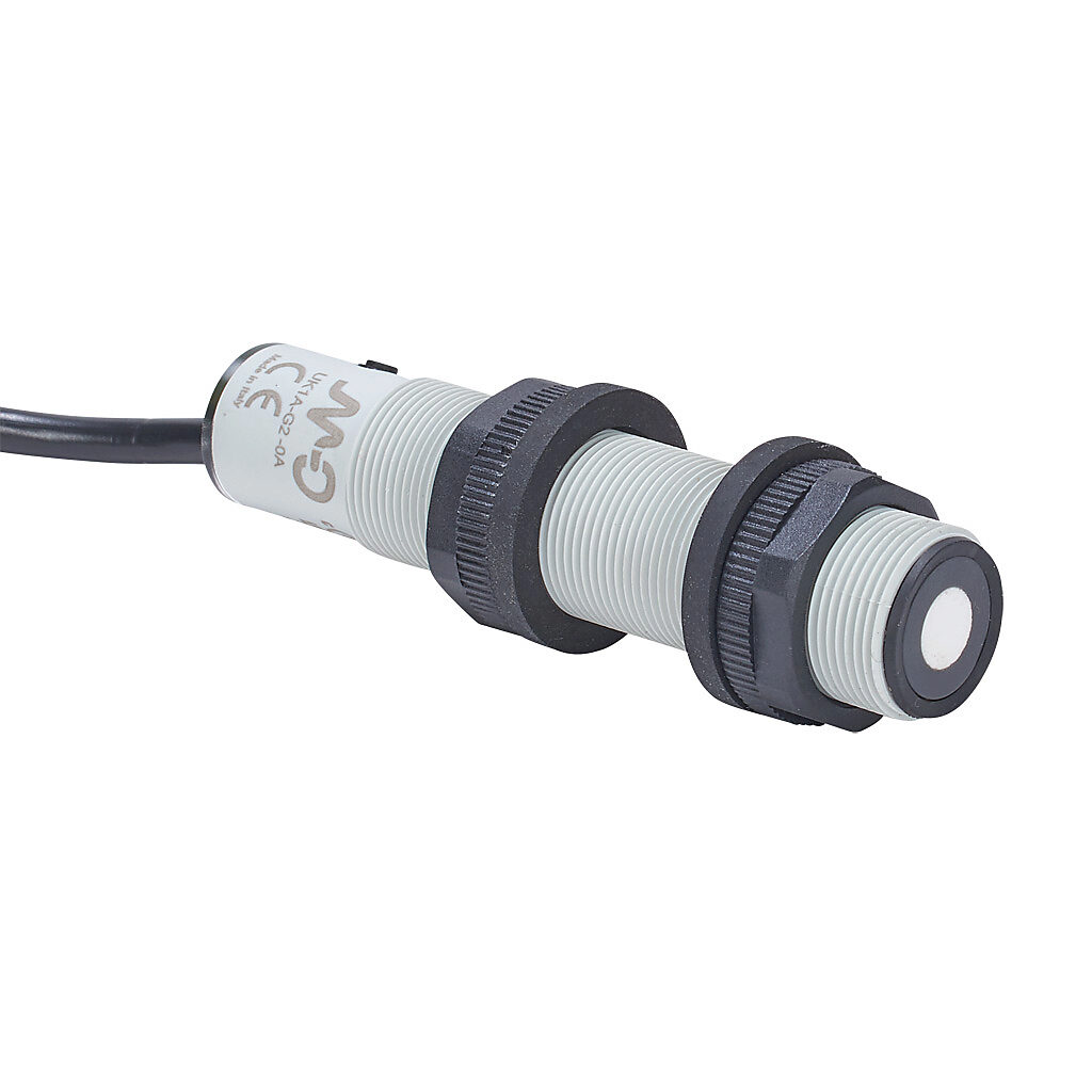 UK1A-G2-0A - Micro Detectors ultrasonic proximity sensor, tubular, 18mm diameter x 83.6mm body, polybutylene terephthalate housing, diffuse, 4-20 mA analog output, 50-400mm sensing distance, IP67, pigtail.