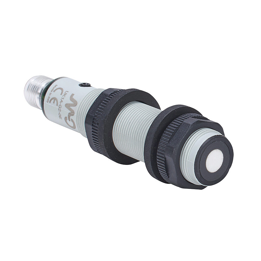 UK1A-G2-0E - Micro Detectors ultrasonic proximity sensor, tubular, 18mm diameter x 91.6mm body, polybutylene terephthalate housing, diffuse, 4-20 mA analog output, 50-400mm sensing distance, IP67, 4-pin M12 quick-disconnect.