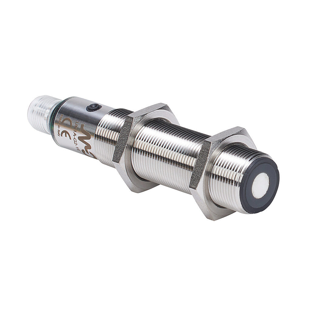 UK1A-G2-1E - Micro Detectors ultrasonic proximity sensor, tubular, 18mm diameter x 91.6mm body, 316L stainless steel housing, diffuse, 4-20 mA analog output, 50-400mm sensing distance, IP67, 4-pin M12 quick-disconnect.