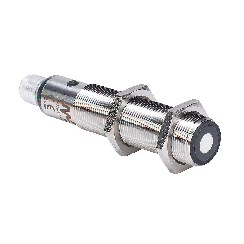 UK1A-G7-1E - Micro Detectors ultrasonic proximity sensor, tubular, 18mm diameter x 91.6mm body, 316L stainless steel housing, diffuse, PNP, 0-10 VDC analog output, N.O./N.C. selectable output, 50-400mm sensing distance, IP67, 5-pin M12 quick-disco...
