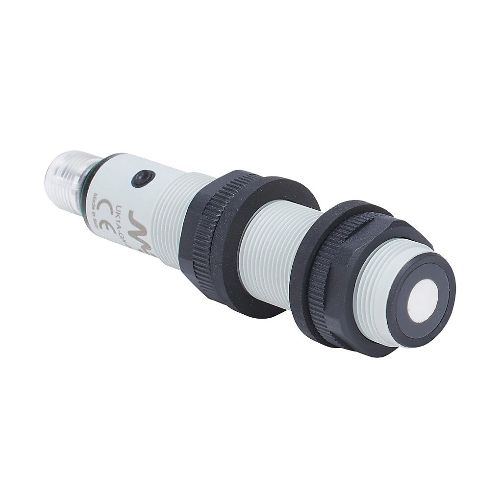 UK1A-GN-0E - Micro Detectors ultrasonic proximity sensor, tubular, 18mm diameter x 91.6mm body, polybutylene terephthalate housing, diffuse, NPN, N.O./N.C. selectable output, 50-400mm sensing distance, IP67, 4-pin M12 quick-disconnect.
