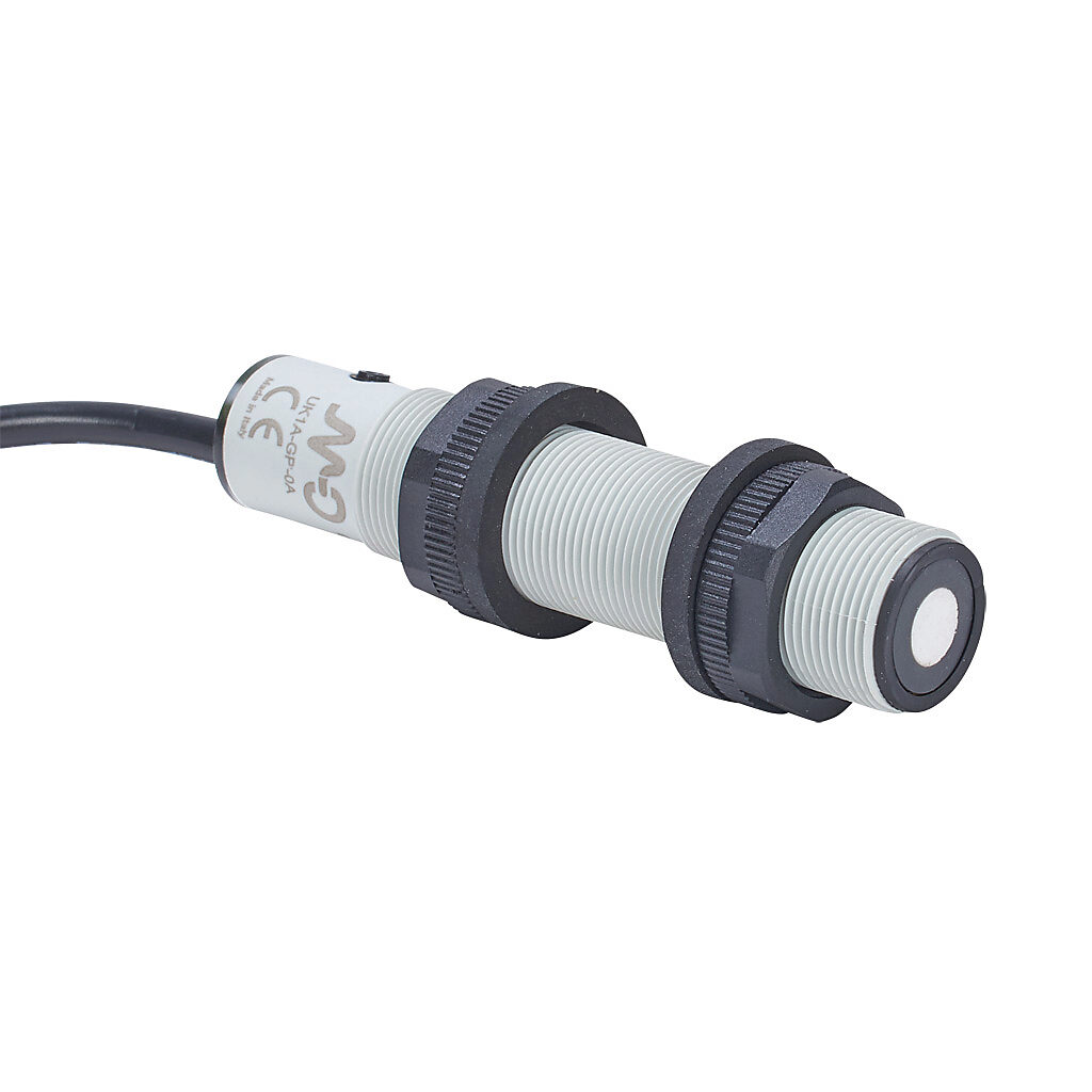 UK1A-GP-0A - Micro Detectors ultrasonic proximity sensor, tubular, 18mm diameter x 83.6mm body, polybutylene terephthalate housing, diffuse, PNP, N.O./N.C. selectable output, 50-400mm sensing distance, IP67, pigtail.