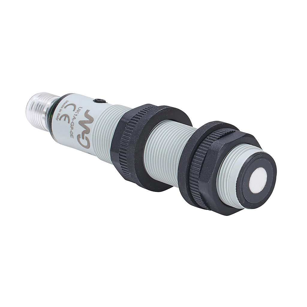 UK1A-GP-0E - Micro Detectors ultrasonic proximity sensor, tubular, 18mm diameter x 91.6mm body, polybutylene terephthalate housing, diffuse, PNP, N.O./N.C. selectable output, 50-400mm sensing distance, IP67, 4-pin M12 quick-disconnect.