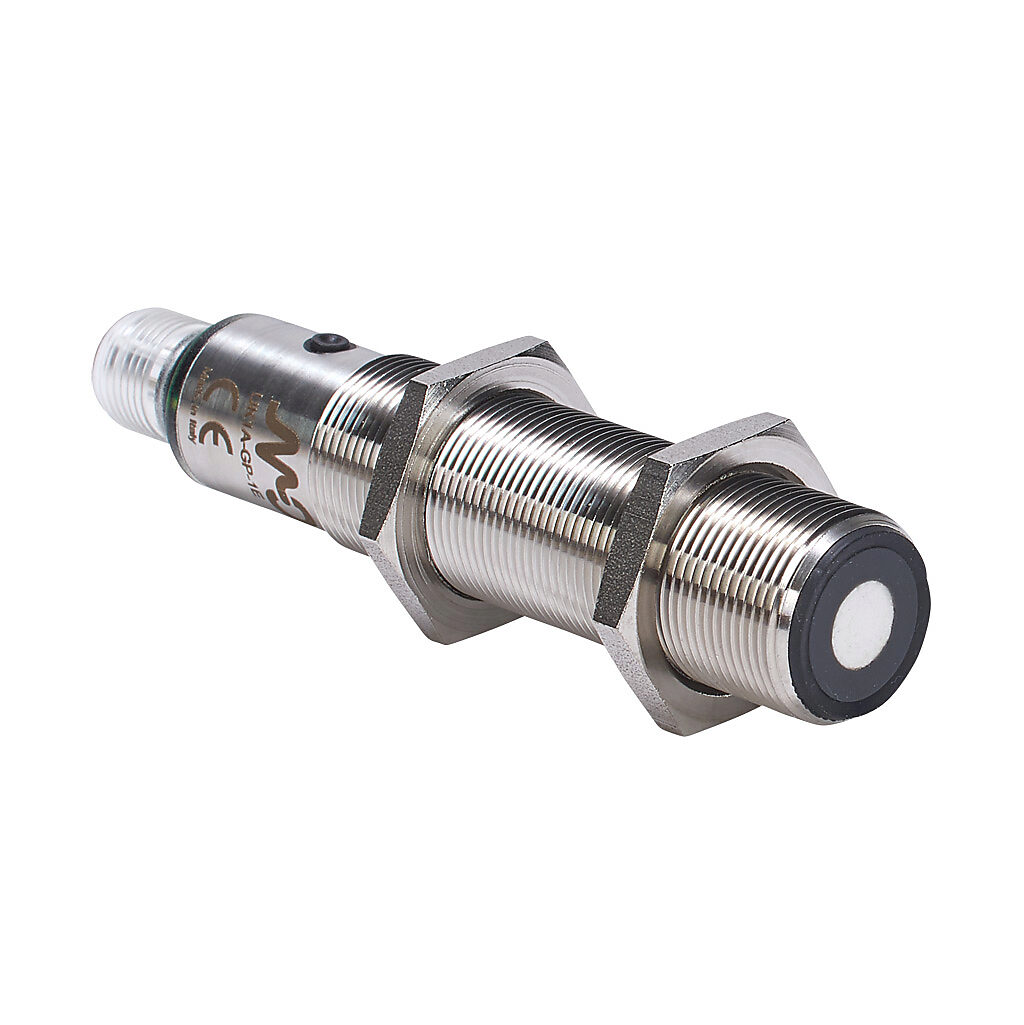 UK1A-GP-1E - Micro Detectors ultrasonic proximity sensor, tubular, 18mm diameter x 91.6mm body, 316L stainless steel housing, diffuse, PNP, N.O./N.C. selectable output, 50-400mm sensing distance, IP67, 4-pin M12 quick-disconnect.