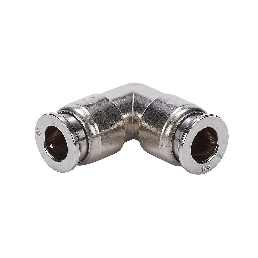 UL14-SS - NITRA pneumatic push-to-connect fitting, union elbow, 316 stainless steel body, (1) 1/4in push-to-connect to (1) 1/4in push-to-connect.