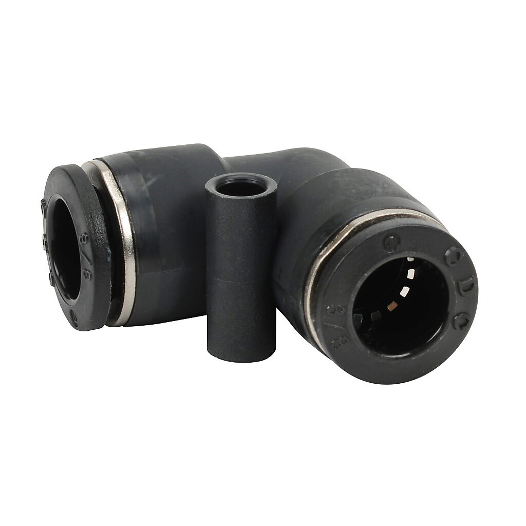 UL38 - NITRA pneumatic push-to-connect fitting, union elbow, thermoplastic (PBT) body, (1) 3/8in push-to-connect to (1) 3/8in push-to-connect. Package of 5.
