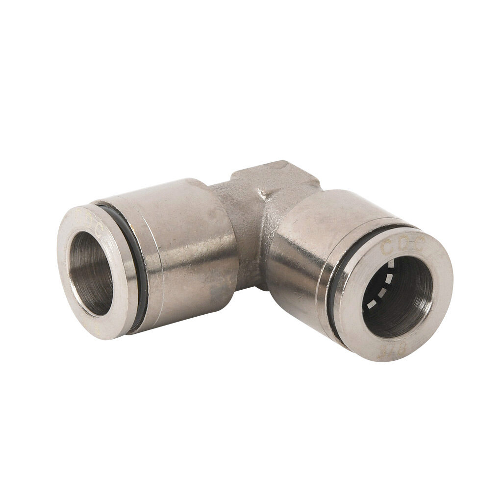 UL38-B - NITRA pneumatic push-to-connect fitting, union elbow, nickel-plated brass body, (1) 3/8in push-to-connect to (1) 3/8in push-to-connect. Package of 5.