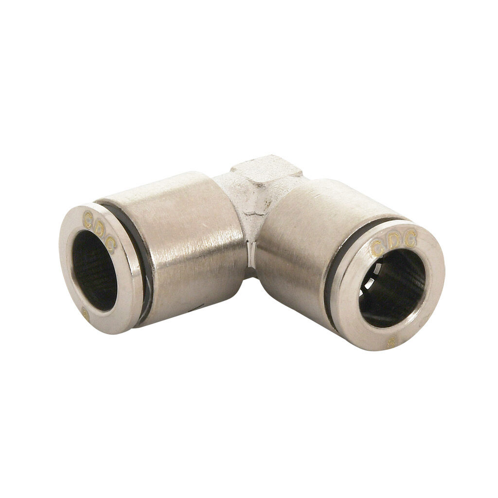 UL8M-B - NITRA pneumatic push-to-connect fitting, union elbow, nickel-plated brass body, (1) 5/16in (8mm) push-to-connect to (1) 5/16in (8mm) push-to-connect. Package of 5.