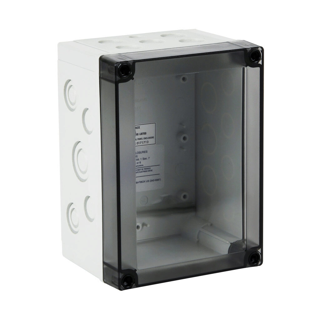 ULPCM150100XT - Fibox MNX series enclosure, NEMA 1/4/4X/6, 180 x 130 x 100mm (HxWxD), polycarbonate, RAL 7035 light gray, smoke screw cover, purchase subpanel separately.