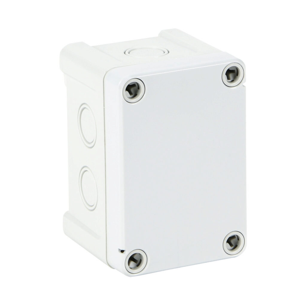 ULTPCM090706 - Fibox TEMPO series enclosure, NEMA 1/4/4X, 95 x 65 x 60mm (HxWxD), polycarbonate, RAL 7035 light gray, hinged screw cover.
