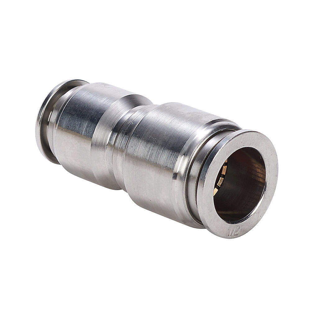 UR12-38-SS - NITRA pneumatic push-to-connect fitting, union straight reducer, 316 stainless steel body, (1) 1/2in push-to-connect to (1) 3/8in push-to-connect.