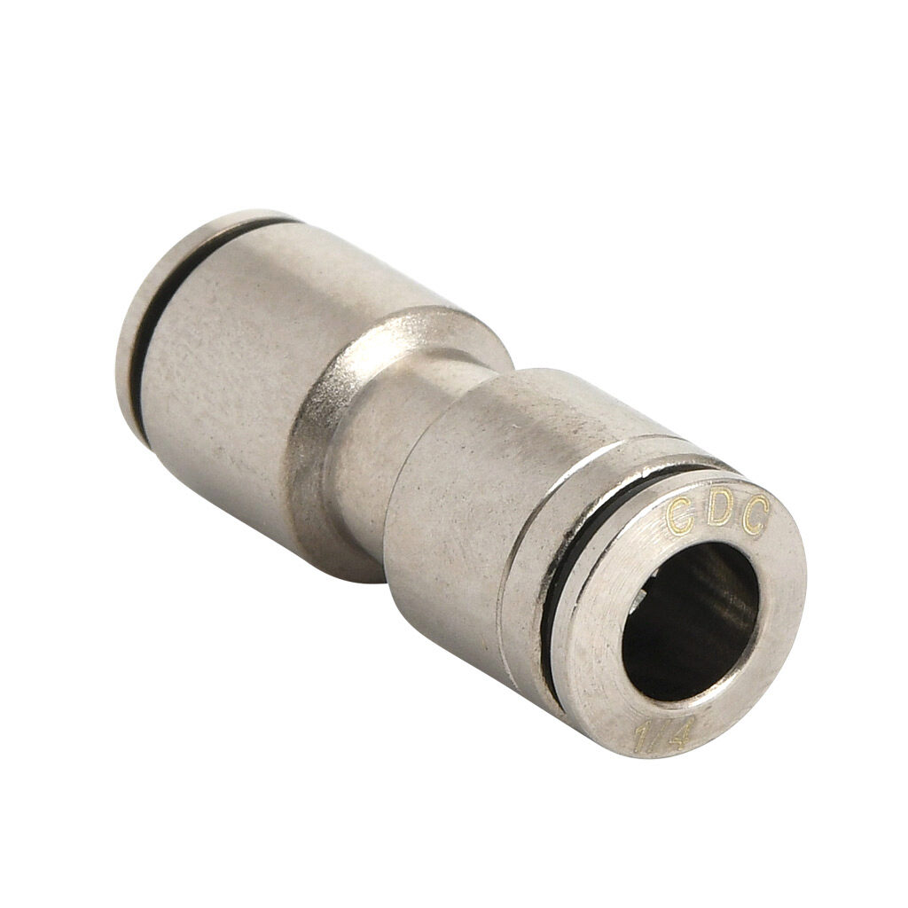 UR14-6M-B - NITRA pneumatic push-to-connect fitting, union straight reducer, nickel-plated brass body, (1) 1/4in push-to-connect to (1) 6mm push-to-connect. Package of 5.