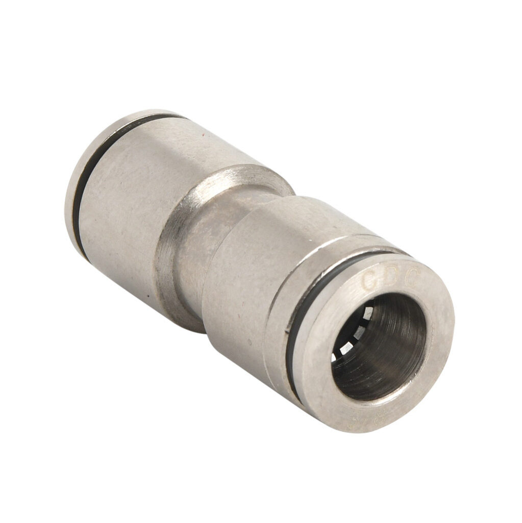 UR38-10M-B - NITRA pneumatic push-to-connect fitting, union straight reducer, nickel-plated brass body, (1) 10mm push-to-connect to (1) 3/8in push-to-connect. Package of 5.
