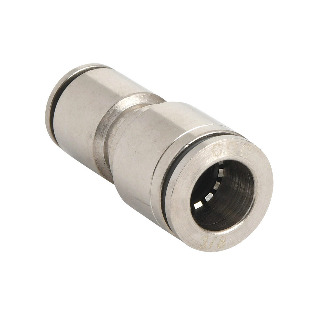 UR38-516-B - NITRA pneumatic push-to-connect fitting, union straight reducer, nickel-plated brass body, (1) 3/8in push-to-connect to (1) 5/16in (8mm) push-to-connect. Package of 5.