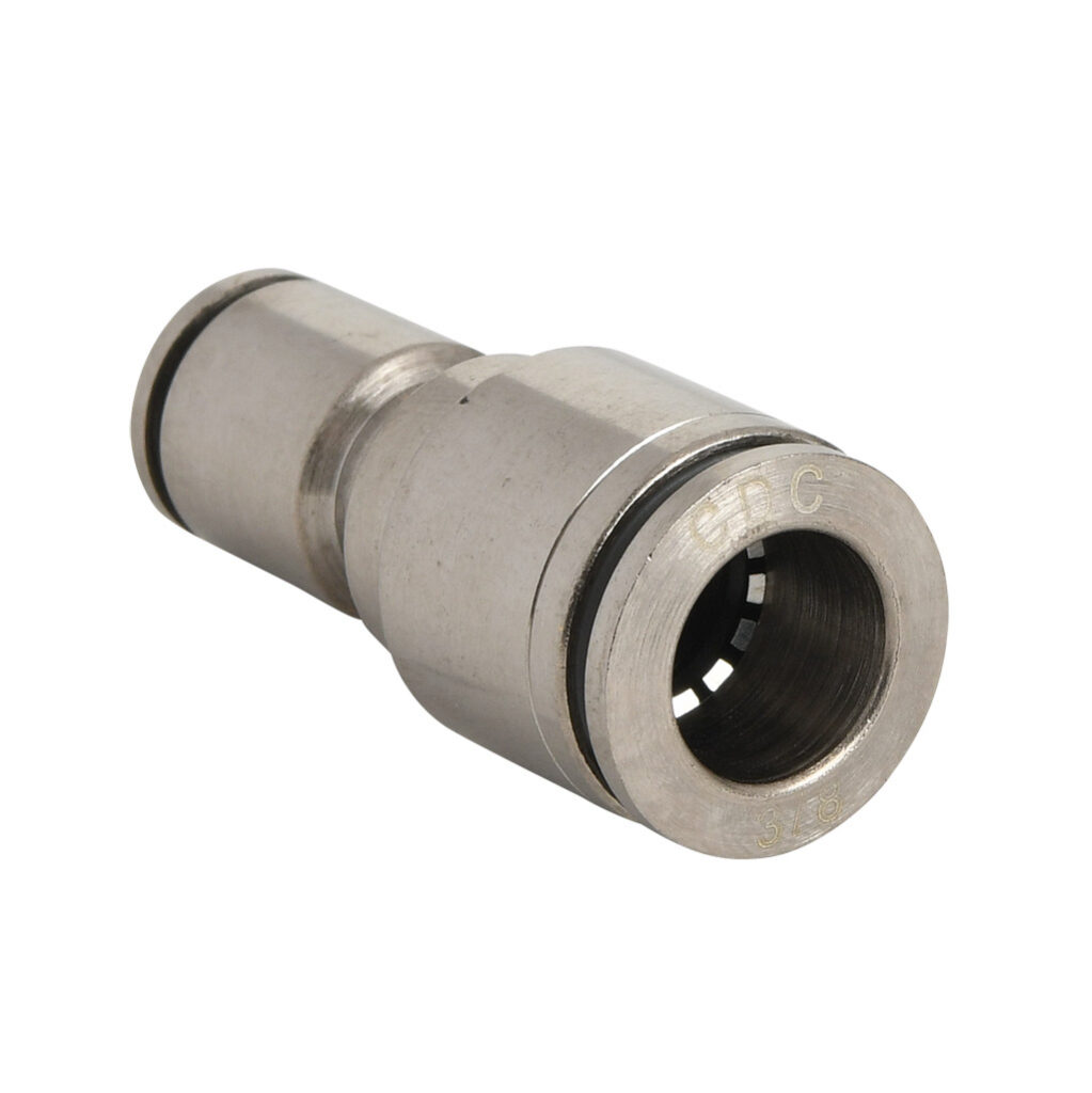 UR38-6M-B - NITRA pneumatic push-to-connect fitting, union straight reducer, nickel-plated brass body, (1) 3/8in push-to-connect to (1) 6mm push-to-connect. Package of 5.