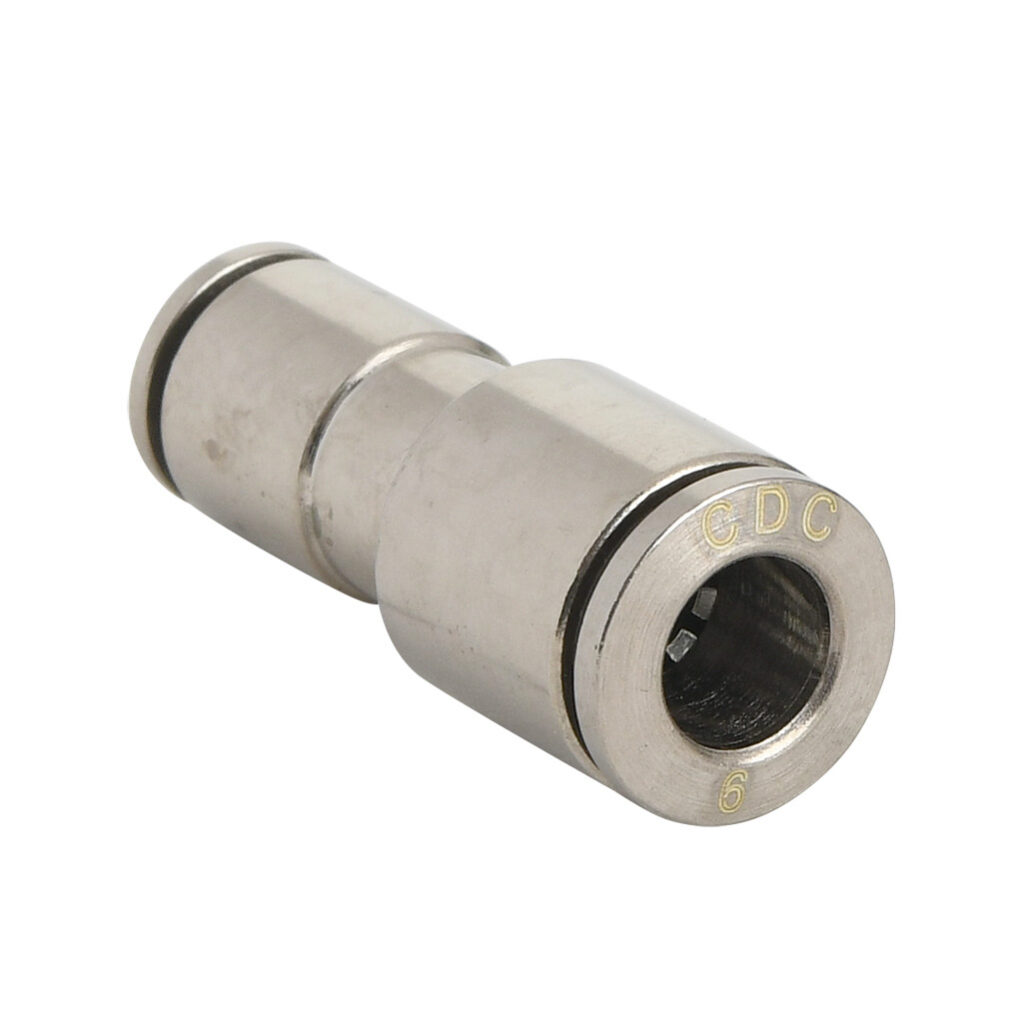 UR6M-4M-B - NITRA pneumatic push-to-connect fitting, union straight reducer, nickel-plated brass body, (1) 6mm push-to-connect to (1) 5/32in (4mm) push-to-connect. Package of 5.