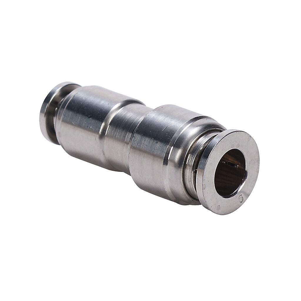 UR6M-4M-SS - NITRA pneumatic push-to-connect fitting, union straight reducer, 316 stainless steel body, (1) 6mm push-to-connect to (1) 5/32in (4mm) push-to-connect.