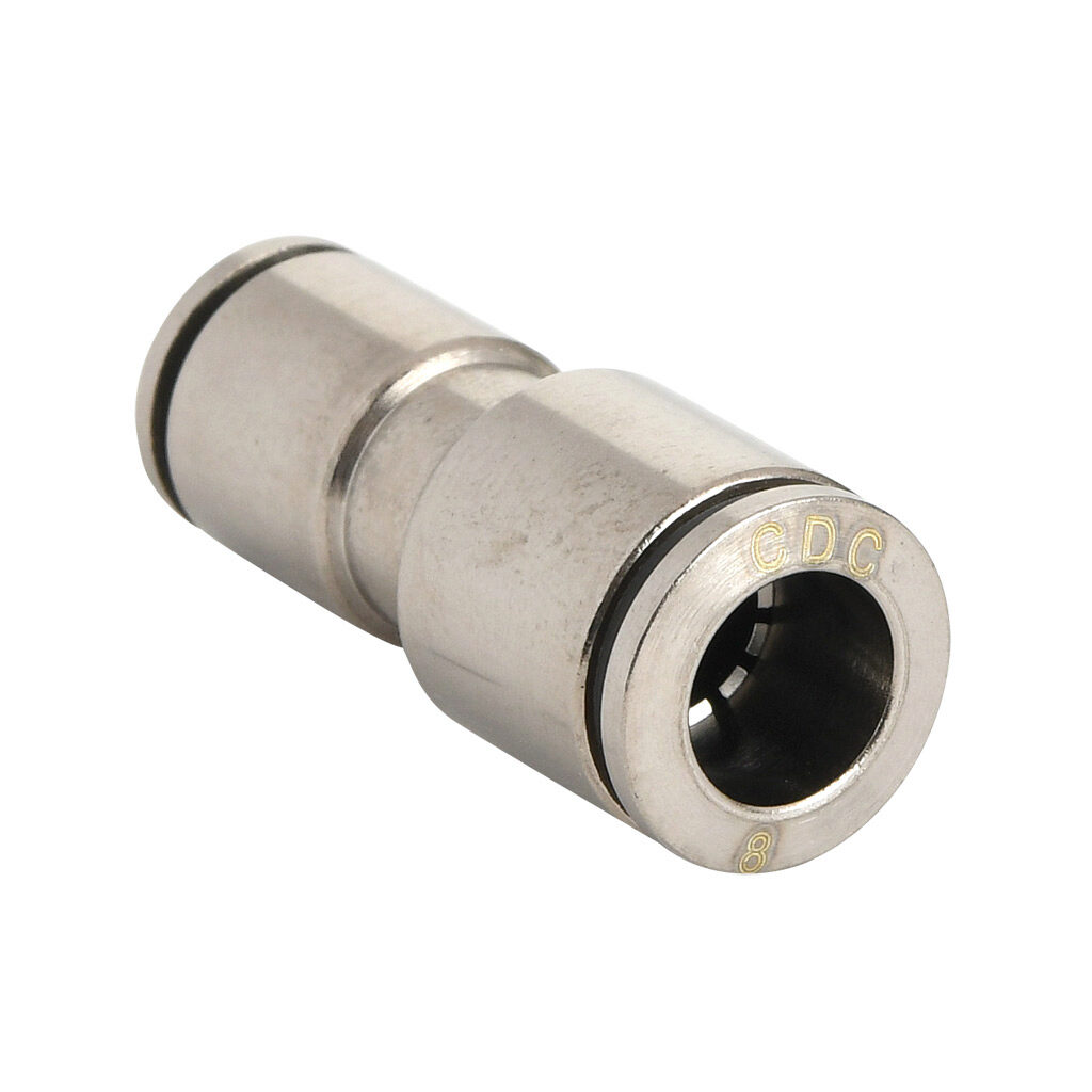 UR8M-6M-B - NITRA pneumatic push-to-connect fitting, union straight reducer, nickel-plated brass body, (1) 5/16in (8mm) push-to-connect to (1) 6mm push-to-connect. Package of 5.