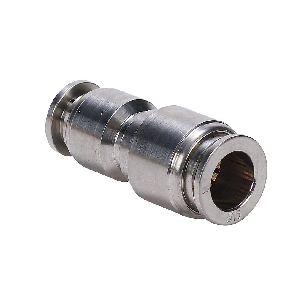 UR8M-6M-SS - NITRA pneumatic push-to-connect fitting, union straight reducer, 316 stainless steel body, (1) 5/16in (8mm) push-to-connect to (1) 6mm push-to-connect.
